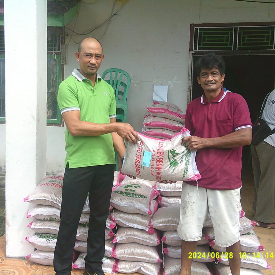 Penyerahan benih padi kepada kelompok Tani di Desa Pak Utan